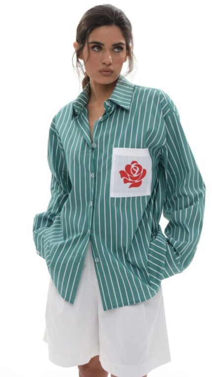 Forame Fashion ριγέ oversized πράσινο άσπρο πουκάμισο με κόκκινο τριαντάφυλλο
