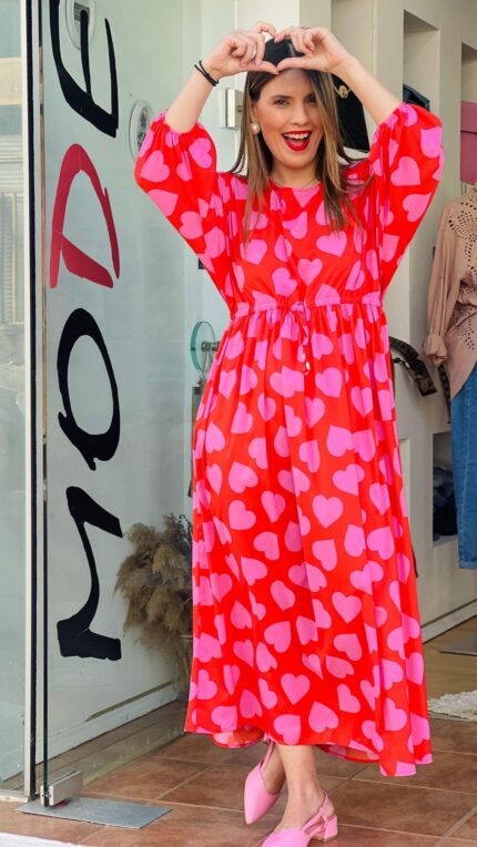 Forame Fashion midi φούξια φόρεμα με print καρδιές