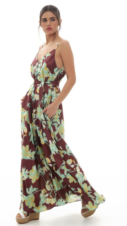 Forame Fashion satin silky long dress with green and brown print