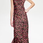Forame Fashion Εμπριμέ μακρύ ντραπέ φόρεμα, pattern κεράσια με μαύρη βάση