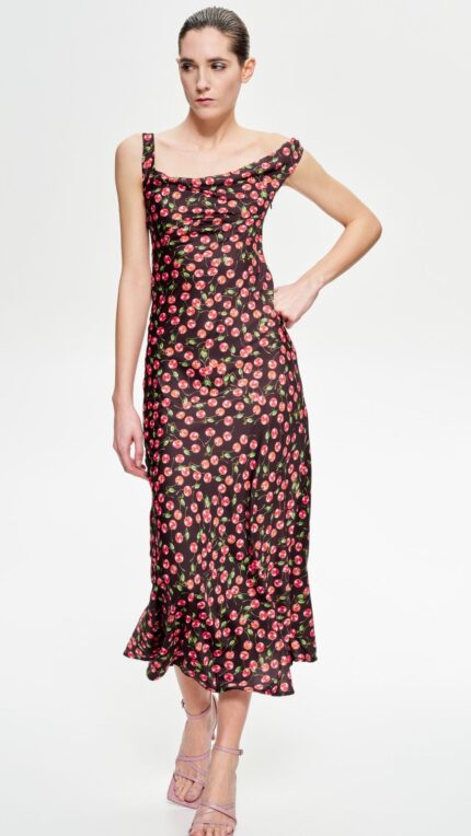 Forame Fashion Εμπριμέ μακρύ ντραπέ φόρεμα, pattern κεράσια με μαύρη βάση