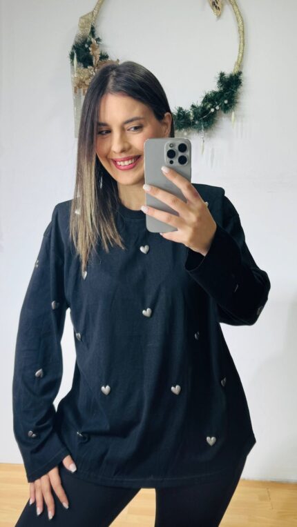 Cotton Black Metallic Hearts